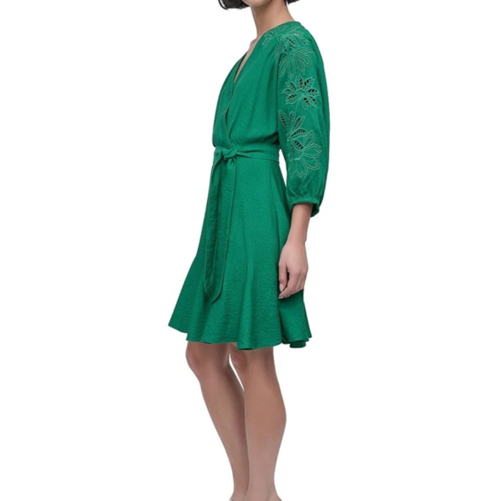 Green Wrap Dress with Embroidered Sleeves